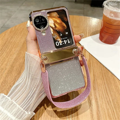 For Oppo Find N3 Flip 5G Case Rhinestones Glitter Hard PC Folding Phone Cover with Wrist Strap