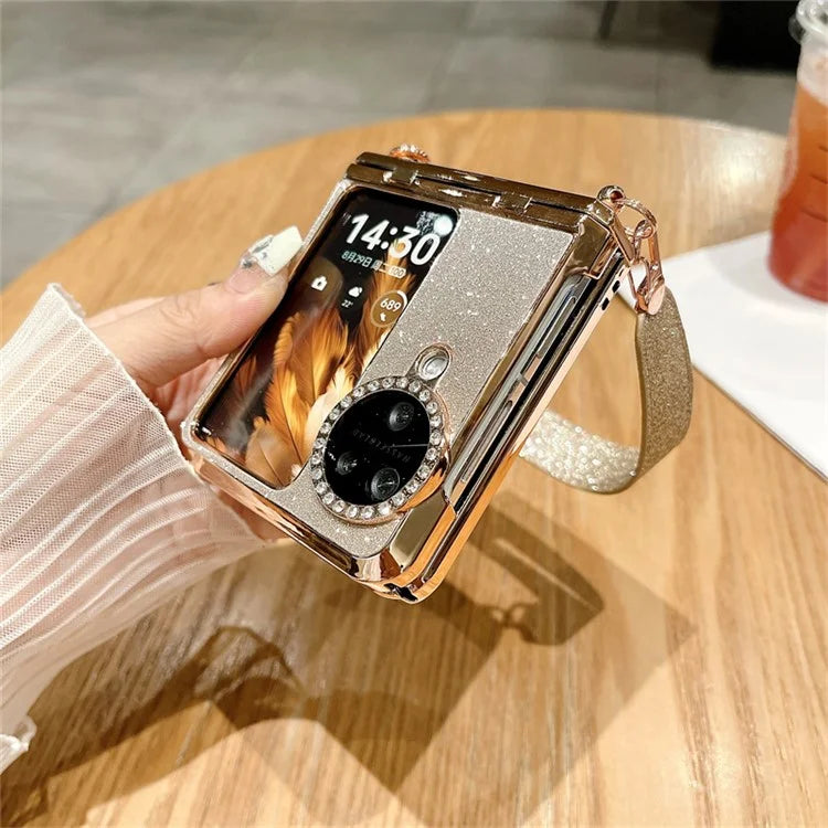 For Oppo Find N3 Flip 5G Case Rhinestones Glitter Hard PC Folding Phone Cover with Wrist Strap