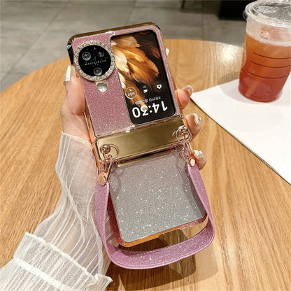 For Oppo Find N3 Flip 5G Case Rhinestones Glitter Hard PC Folding Phone Cover with Wrist Strap