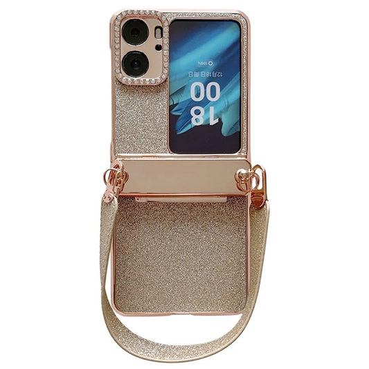 For Oppo Find N2 Flip 5G Glitter Phone Case Shockproof Hard PC Phone Cover with Wrist Strap