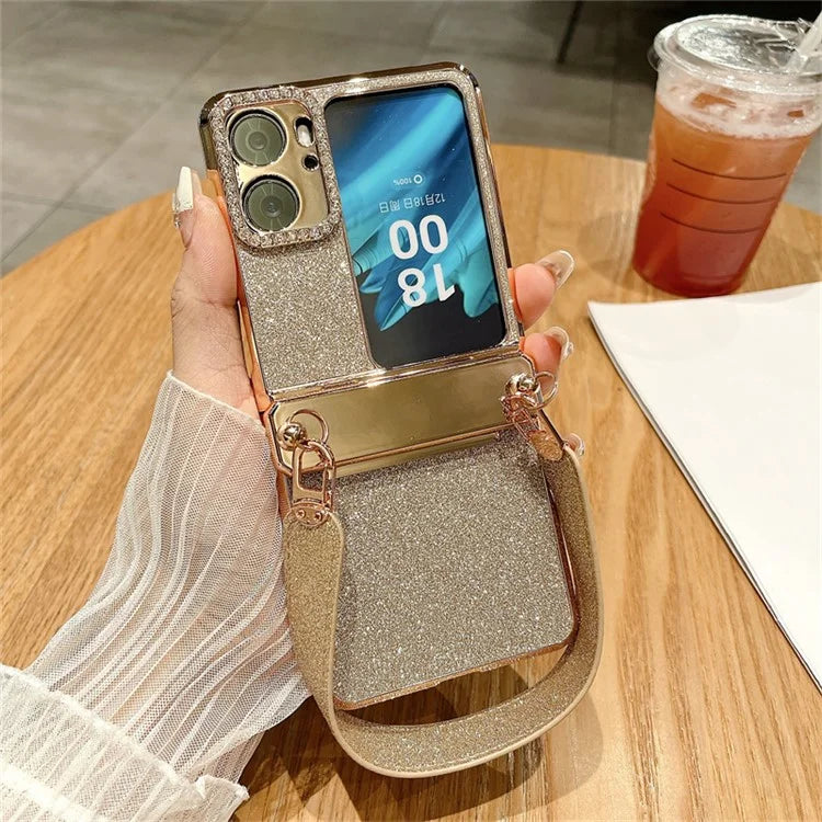 For Oppo Find N2 Flip 5G Glitter Phone Case Shockproof Hard PC Phone Cover with Wrist Strap