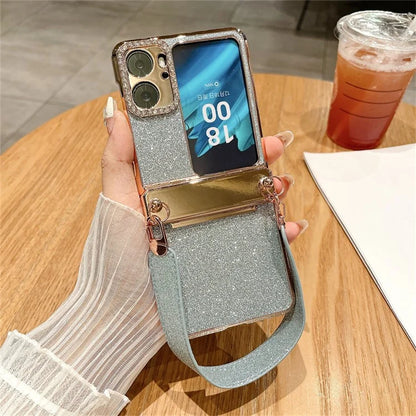 For Oppo Find N2 Flip 5G Glitter Phone Case Shockproof Hard PC Phone Cover with Wrist Strap