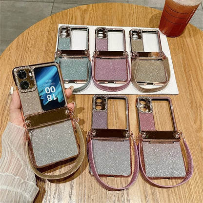 For Oppo Find N2 Flip 5G Glitter Phone Case Shockproof Hard PC Phone Cover with Wrist Strap