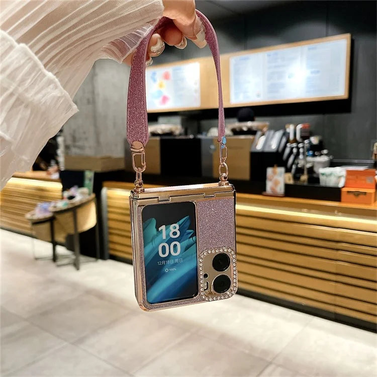 For Oppo Find N2 Flip 5G Glitter Phone Case Shockproof Hard PC Phone Cover with Wrist Strap