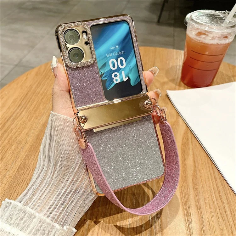 For Oppo Find N2 Flip 5G Glitter Phone Case Shockproof Hard PC Phone Cover with Wrist Strap