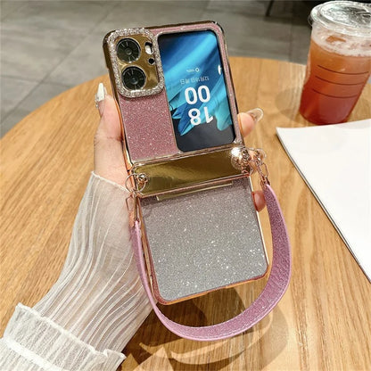 For Oppo Find N2 Flip 5G Glitter Phone Case Shockproof Hard PC Phone Cover with Wrist Strap