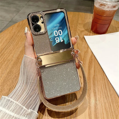 For Oppo Find N2 Flip 5G Glitter Phone Case Shockproof Hard PC Phone Cover with Wrist Strap