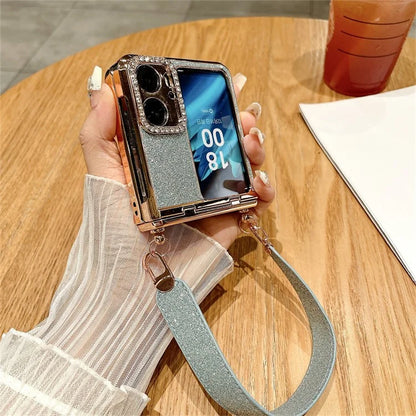 For Oppo Find N2 Flip 5G Glitter Phone Case Shockproof Hard PC Phone Cover with Wrist Strap