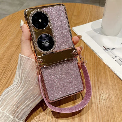 For Huawei Pocket 2 Case Glitter Electroplating Hard PC Phone Cover with Wrist Strap