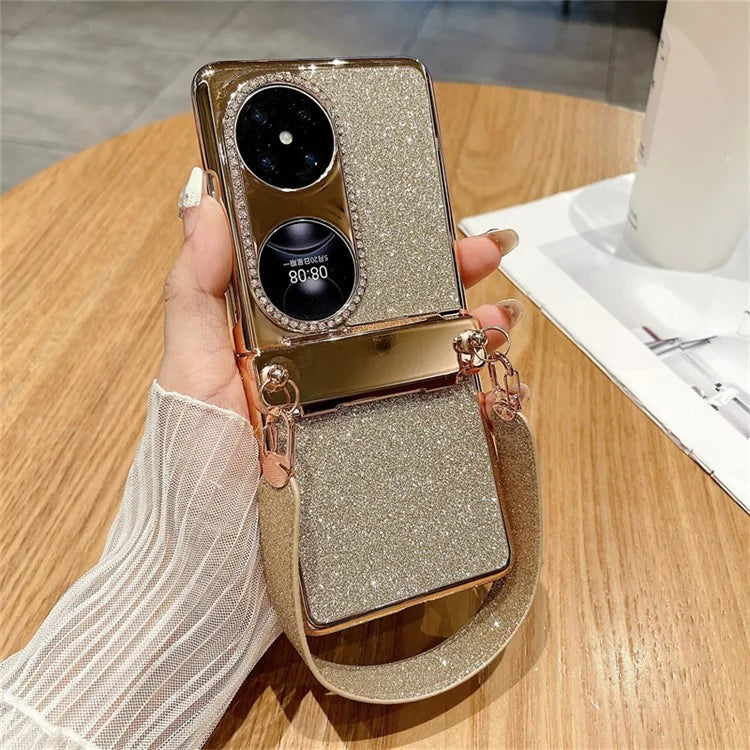 For Huawei Pocket 2 Case Glitter Electroplating Hard PC Phone Cover with Wrist Strap