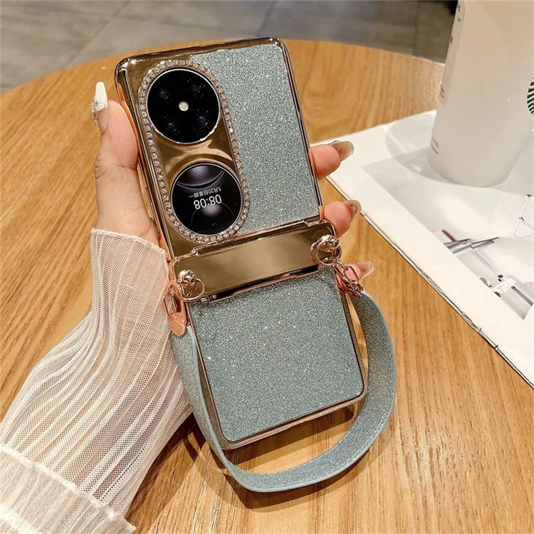 For Huawei Pocket 2 Case Glitter Electroplating Hard PC Phone Cover with Wrist Strap