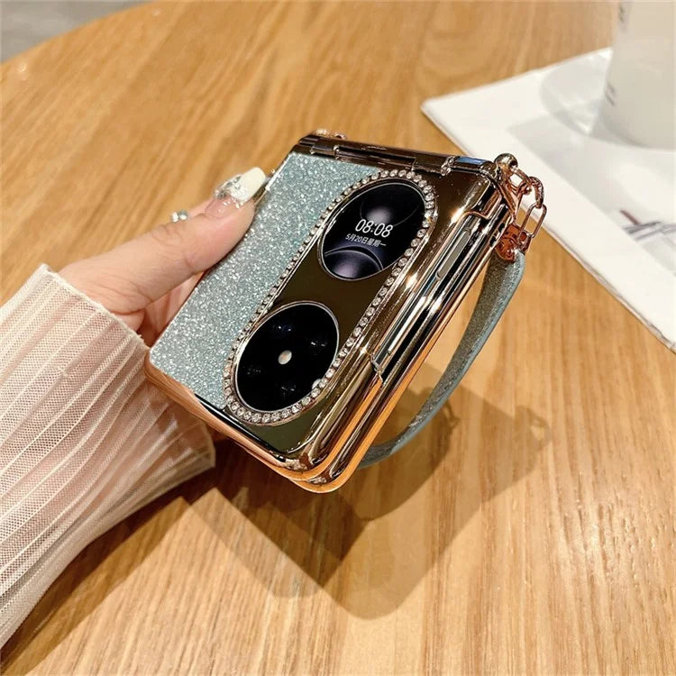 For Huawei Pocket 2 Case Glitter Electroplating Hard PC Phone Cover with Wrist Strap
