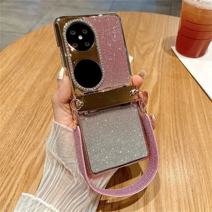 For Huawei Pocket 2 Case Glitter Electroplating Hard PC Phone Cover with Wrist Strap