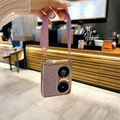 For Huawei Pocket 2 Case Glitter Electroplating Hard PC Phone Cover with Wrist Strap