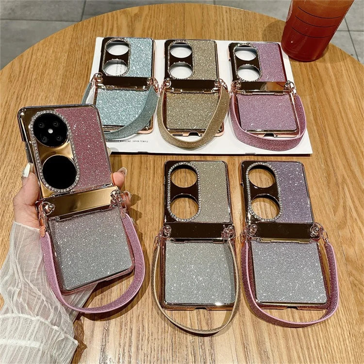 For Huawei Pocket 2 Case Glitter Electroplating Hard PC Phone Cover with Wrist Strap