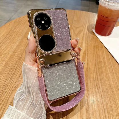 For Huawei Pocket 2 Case Glitter Electroplating Hard PC Phone Cover with Wrist Strap