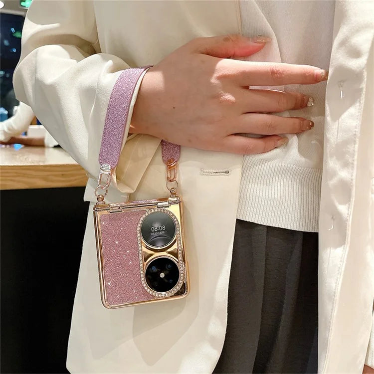For Huawei Pocket 2 Case Glitter Electroplating Hard PC Phone Cover with Wrist Strap