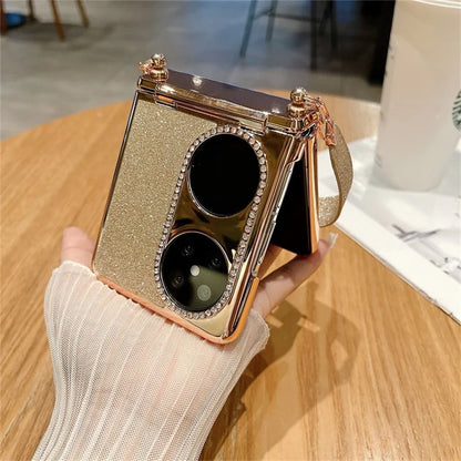 For Huawei Pocket 2 Case Glitter Electroplating Hard PC Phone Cover with Wrist Strap