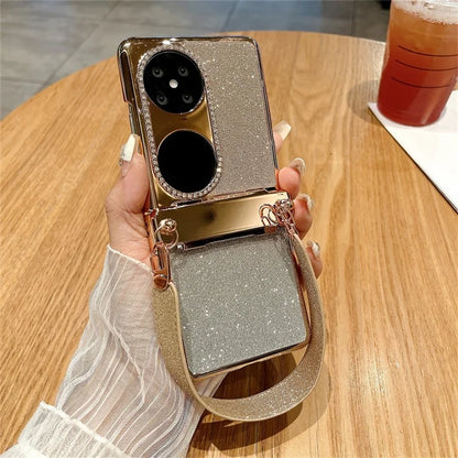 For Huawei Pocket 2 Case Glitter Electroplating Hard PC Phone Cover with Wrist Strap