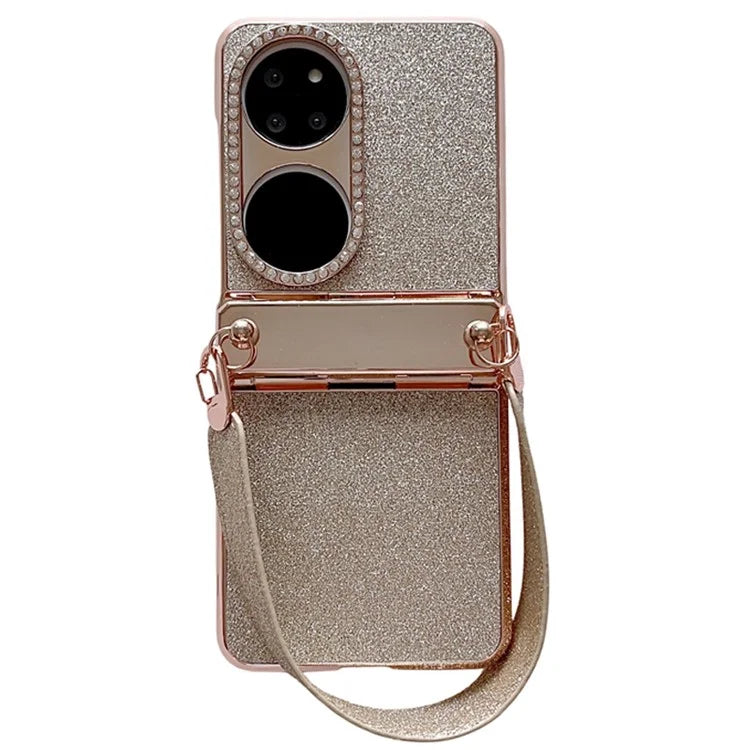 For Huawei P50 Pocket Case with Wrist Strap Rhinestones Glitter Hard PC Phone Cases