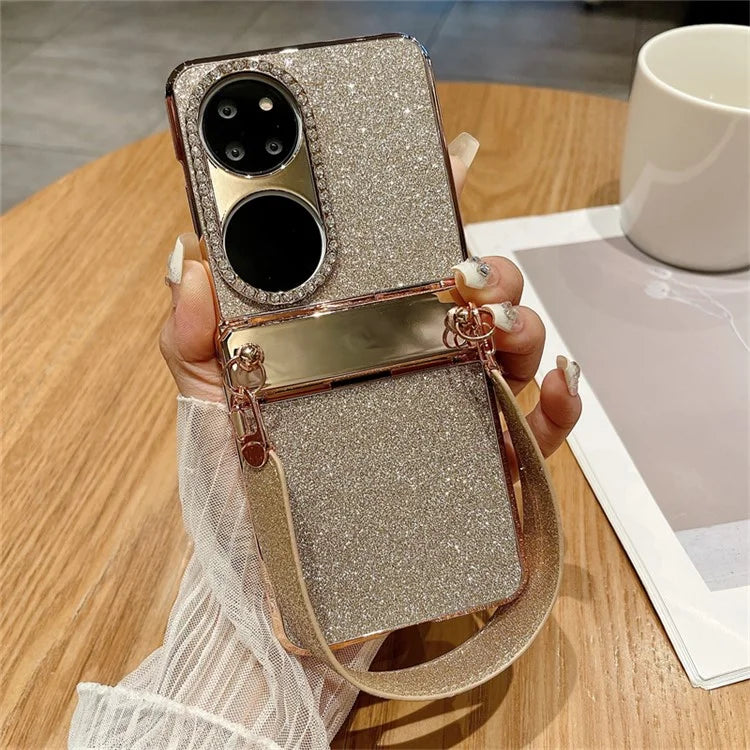 For Huawei P50 Pocket Case with Wrist Strap Rhinestones Glitter Hard PC Phone Cases