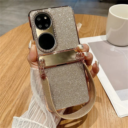 For Huawei P50 Pocket Case with Wrist Strap Rhinestones Glitter Hard PC Phone Cases