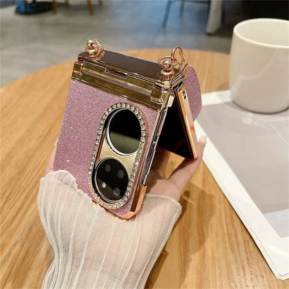 For Huawei P50 Pocket Case with Wrist Strap Rhinestones Glitter Hard PC Phone Cases