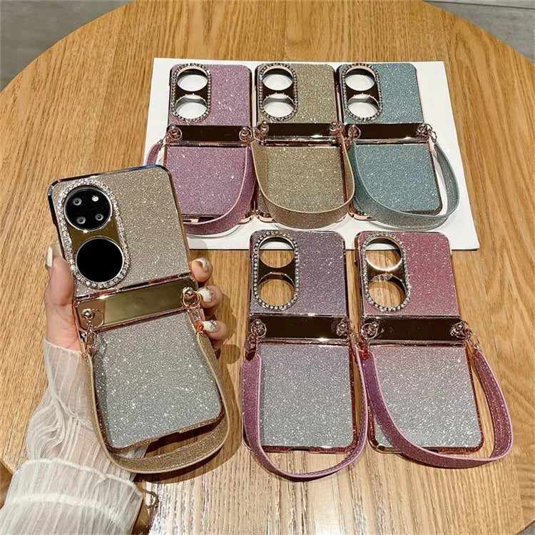 For Huawei P50 Pocket Case with Wrist Strap Rhinestones Glitter Hard PC Phone Cases
