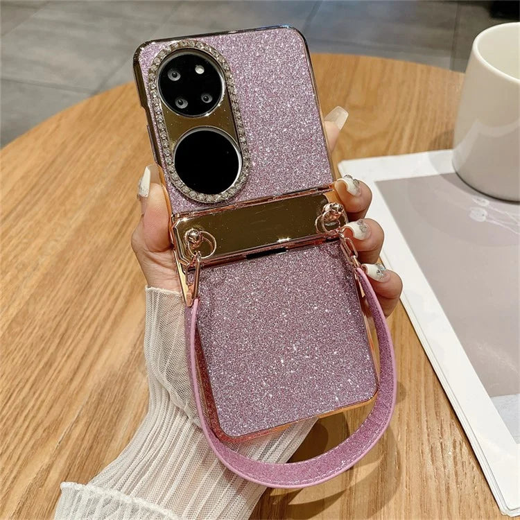For Huawei P50 Pocket Case with Wrist Strap Rhinestones Glitter Hard PC Phone Cases