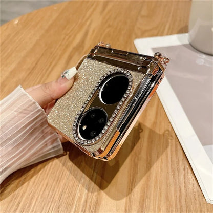 For Huawei P50 Pocket Case with Wrist Strap Rhinestones Glitter Hard PC Phone Cases