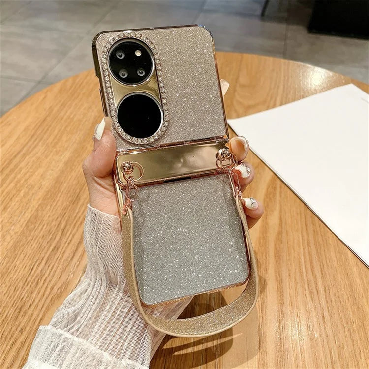 For Huawei P50 Pocket Case with Wrist Strap Rhinestones Glitter Hard PC Phone Cases