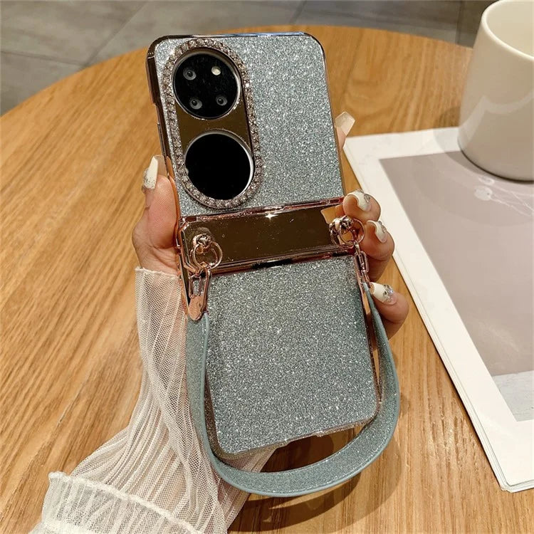 For Huawei P50 Pocket Case with Wrist Strap Rhinestones Glitter Hard PC Phone Cases