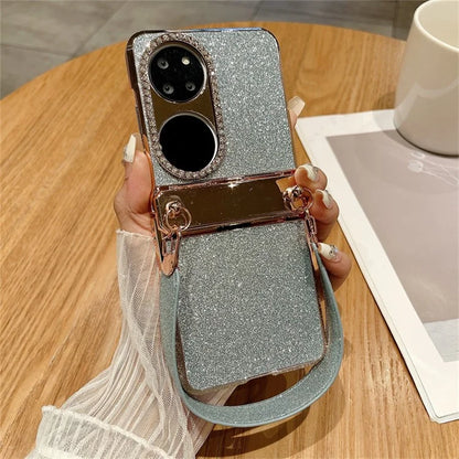 For Huawei P50 Pocket Case with Wrist Strap Rhinestones Glitter Hard PC Phone Cases