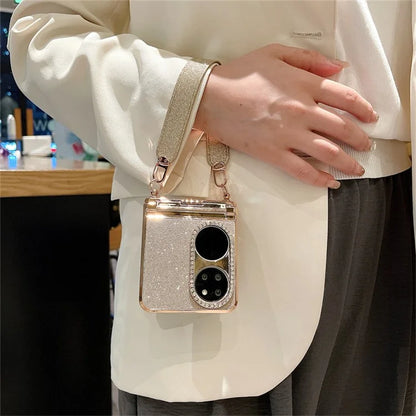For Huawei P50 Pocket Case with Wrist Strap Rhinestones Glitter Hard PC Phone Cases