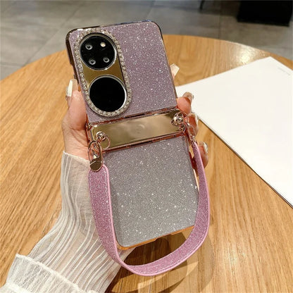 For Huawei P50 Pocket Case with Wrist Strap Rhinestones Glitter Hard PC Phone Cases