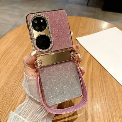 For Huawei P50 Pocket Case with Wrist Strap Rhinestones Glitter Hard PC Phone Cases