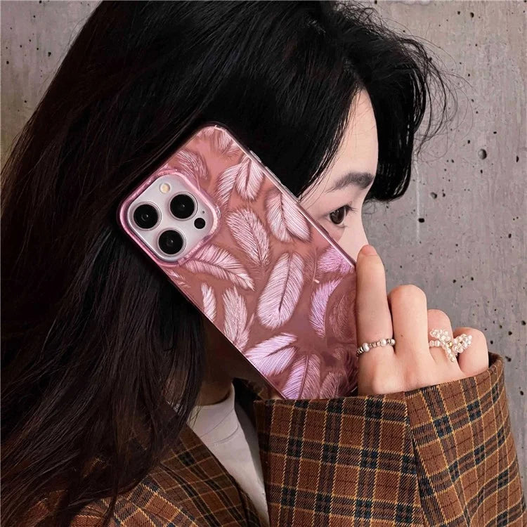 For iPhone 15 Pro Max Cell Phone Cases IMD Feather Pattern PC+TPU Drop Resistant Cover