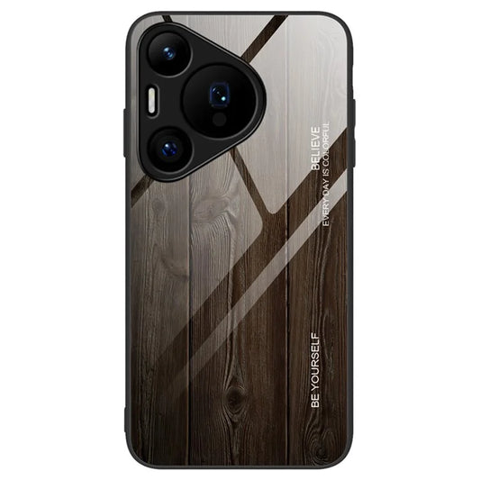For Huawei Pura 70 Phone Case TPU Frame Tempered Glass Back Cover Wood Texture