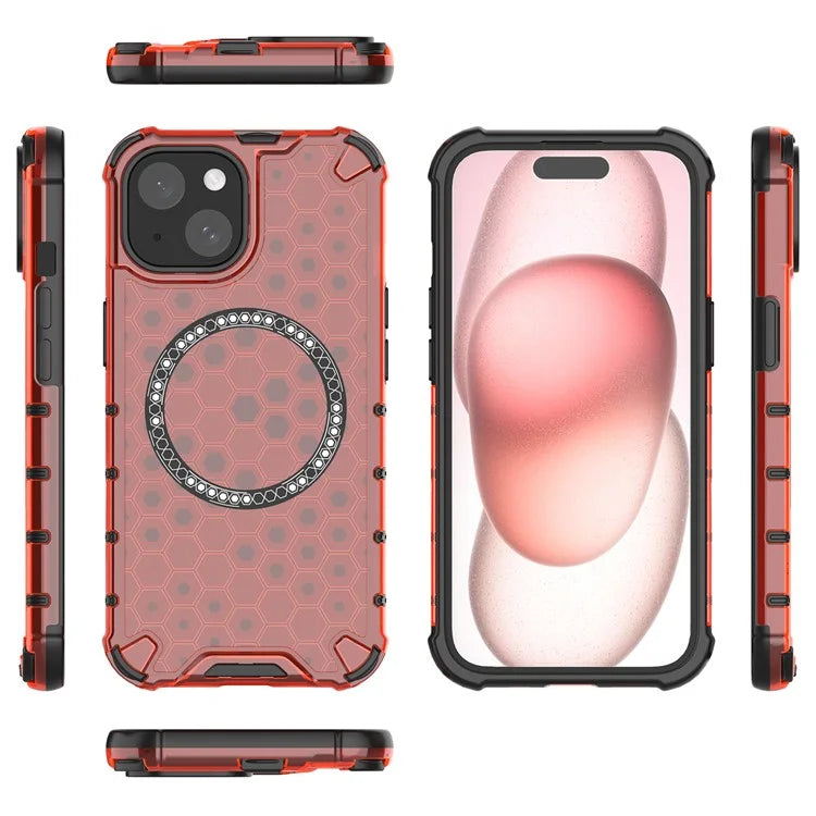 For iPhone 15 Case Honeycomb Design Magnetic TPU+PC Phone Cover