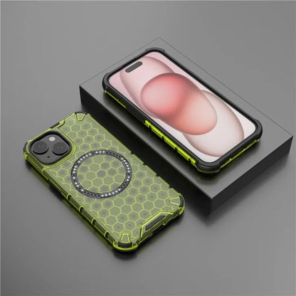 For iPhone 15 Case Honeycomb Design Magnetic TPU+PC Phone Cover