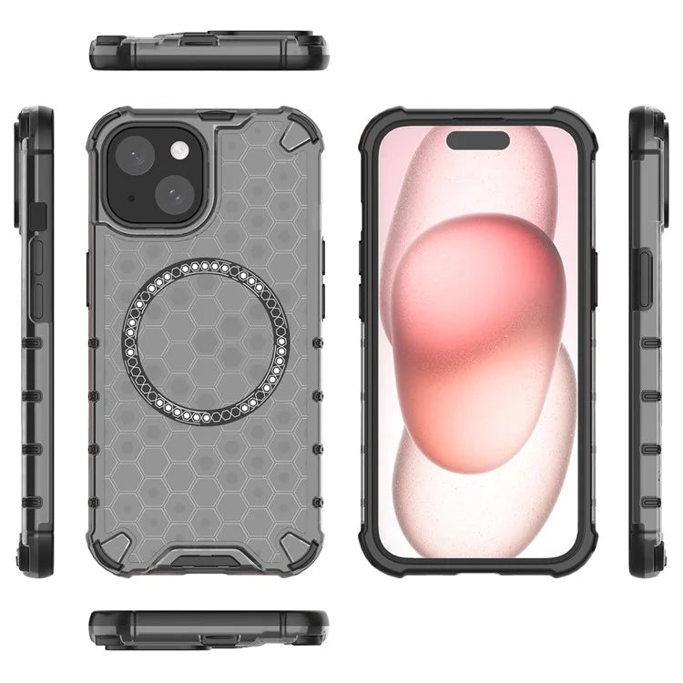 For iPhone 15 Case Honeycomb Design Magnetic TPU+PC Phone Cover