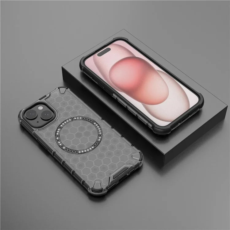 For iPhone 15 Case Honeycomb Design Magnetic TPU+PC Phone Cover