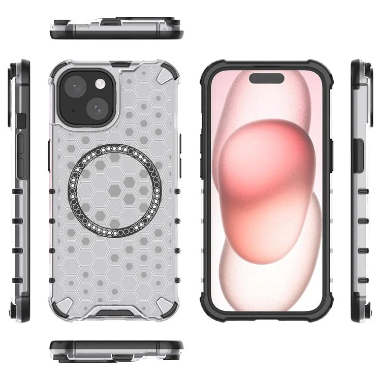 For iPhone 15 Case Honeycomb Design Magnetic TPU+PC Phone Cover