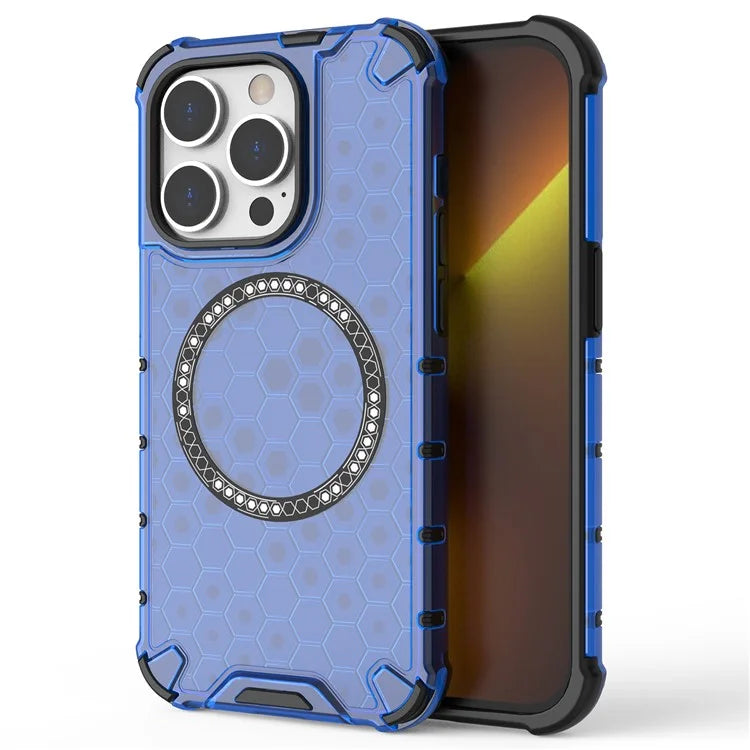 For iPhone 14 Pro Magnetic Phone Case Honeycomb Design TPU+PC Back Cover