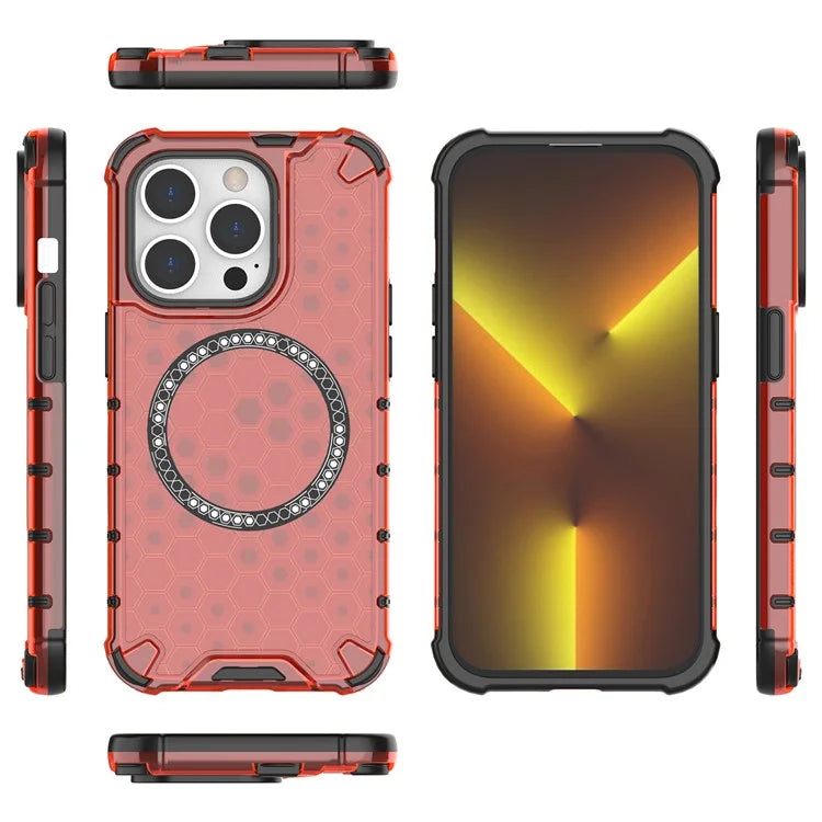 For iPhone 14 Pro Magnetic Phone Case Honeycomb Design TPU+PC Back Cover