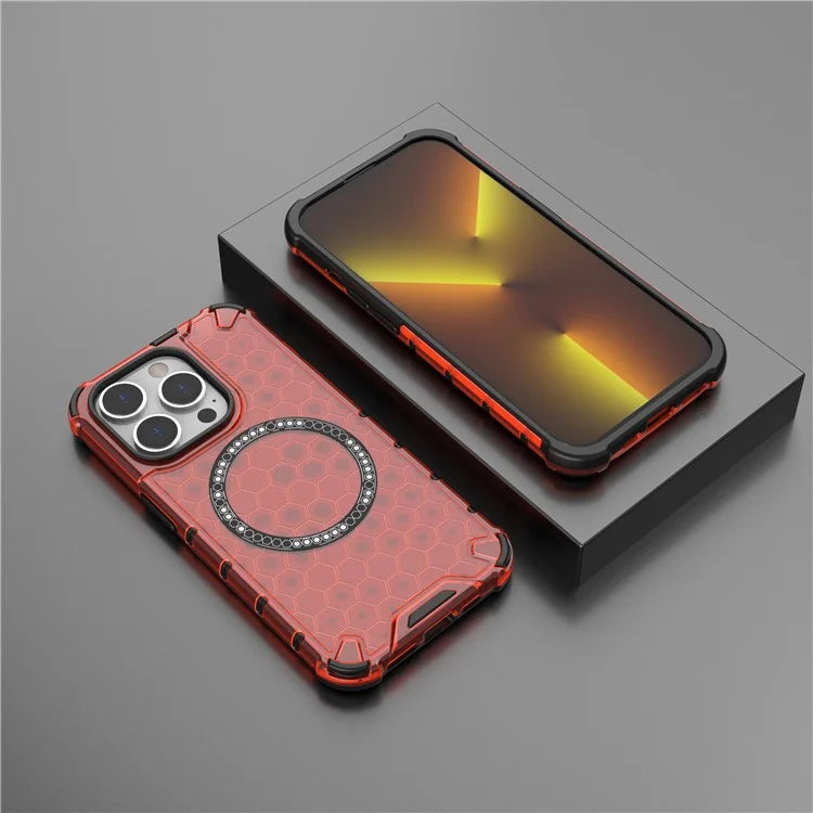 For iPhone 14 Pro Magnetic Phone Case Honeycomb Design TPU+PC Back Cover