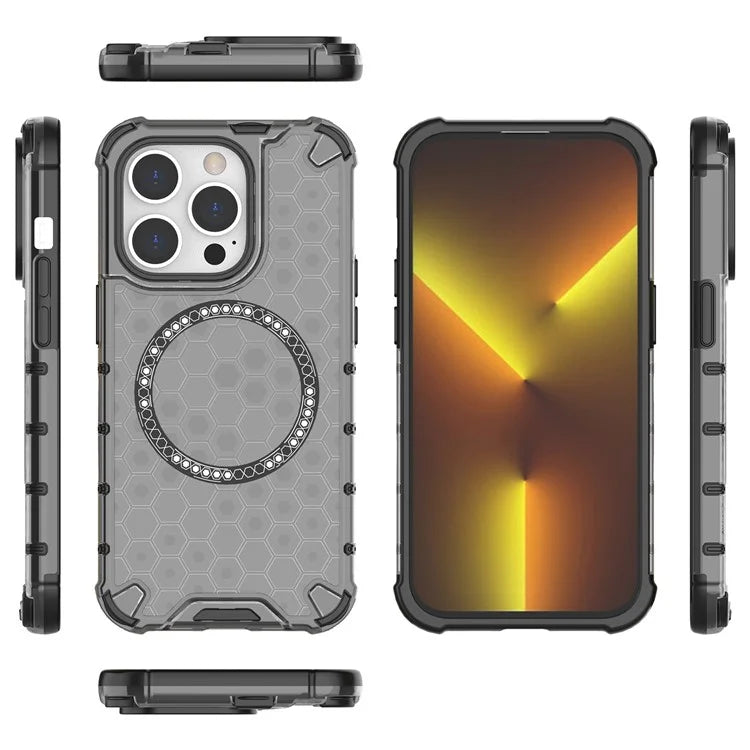 For iPhone 14 Pro Magnetic Phone Case Honeycomb Design TPU+PC Back Cover