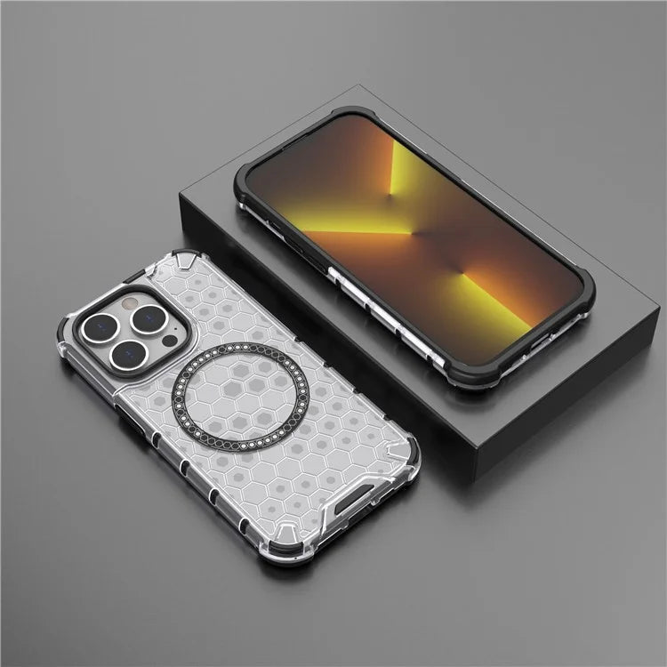 For iPhone 14 Pro Magnetic Phone Case Honeycomb Design TPU+PC Back Cover