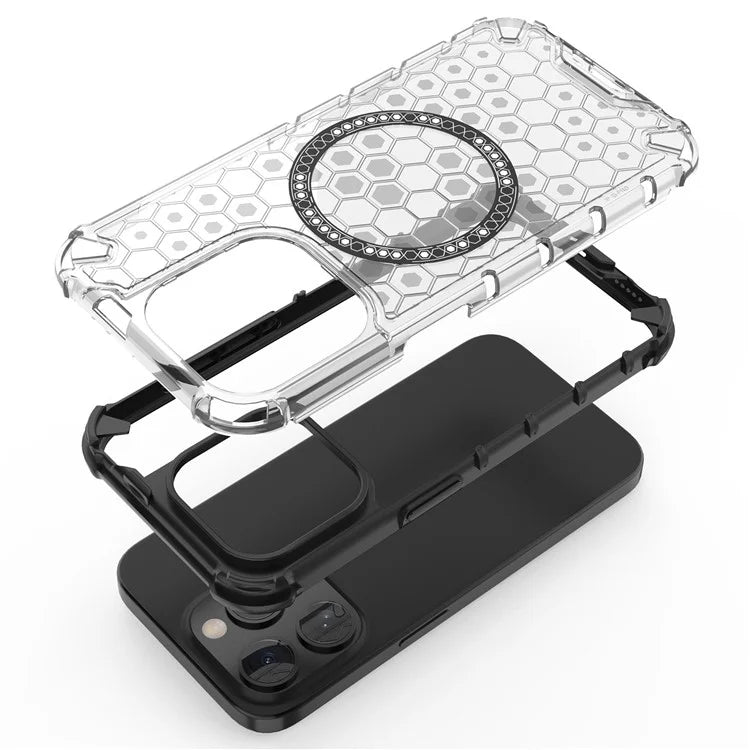 For iPhone 15 Pro Max Case Compatible with MagSafe Honeycomb Texture TPU+PC Phone Cover