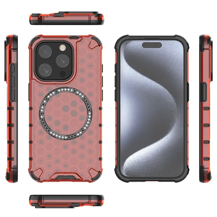 For iPhone 15 Pro Max Case Compatible with MagSafe Honeycomb Texture TPU+PC Phone Cover